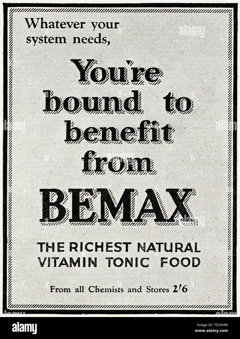 Original 1930s vintage old print advertisement from 30s English magazine advertising Bemax the richest natural vitamin tonic food circa 1932 Stock Photo