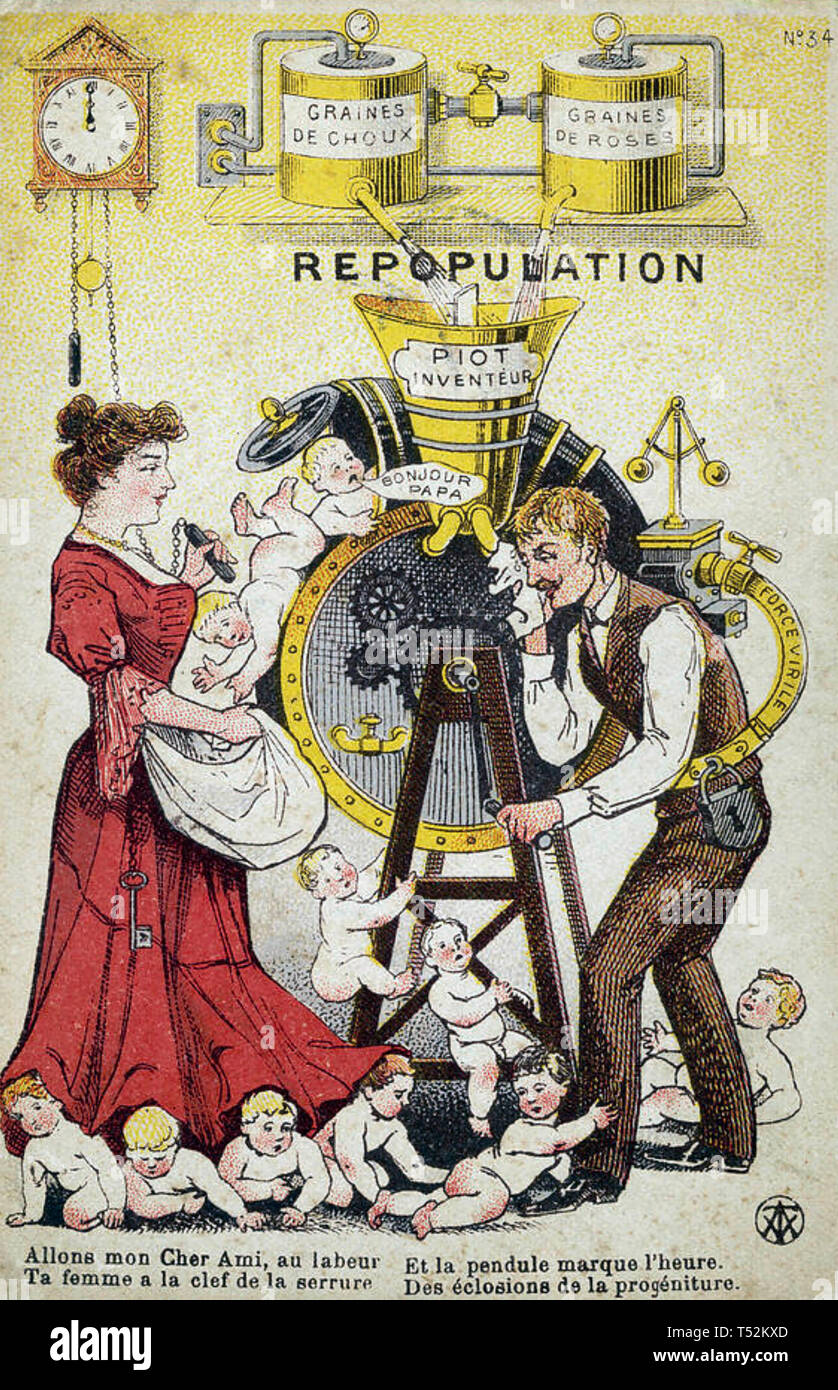 BABY MACHINE French cartoon 1905 showing the husband on a baby producing treadmill Stock Photo