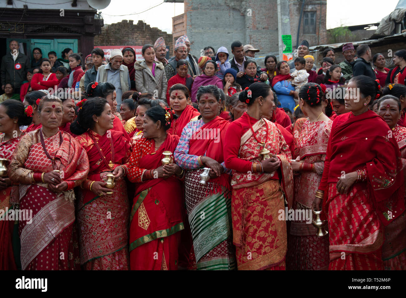 Kathmandu, Nepal - February 03, 2017: A group of local women in traditional dress gather to celebrate the festival called 'Lala Saptami'. Stock Photo