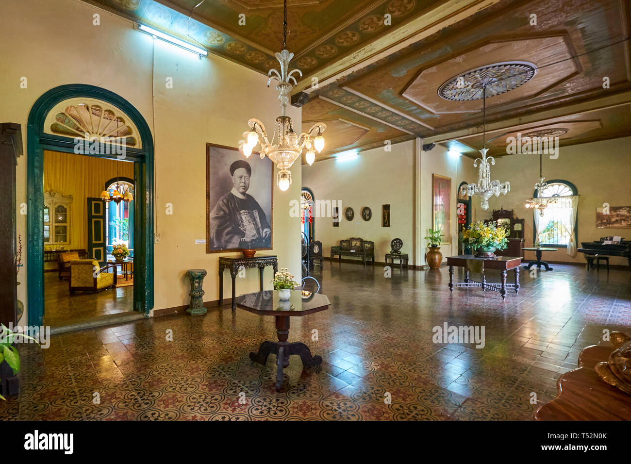 Front entrance and receiving area of the Chinese merchant mansion, Tjong A Fie, in Medan, Indonesia. Stock Photo
