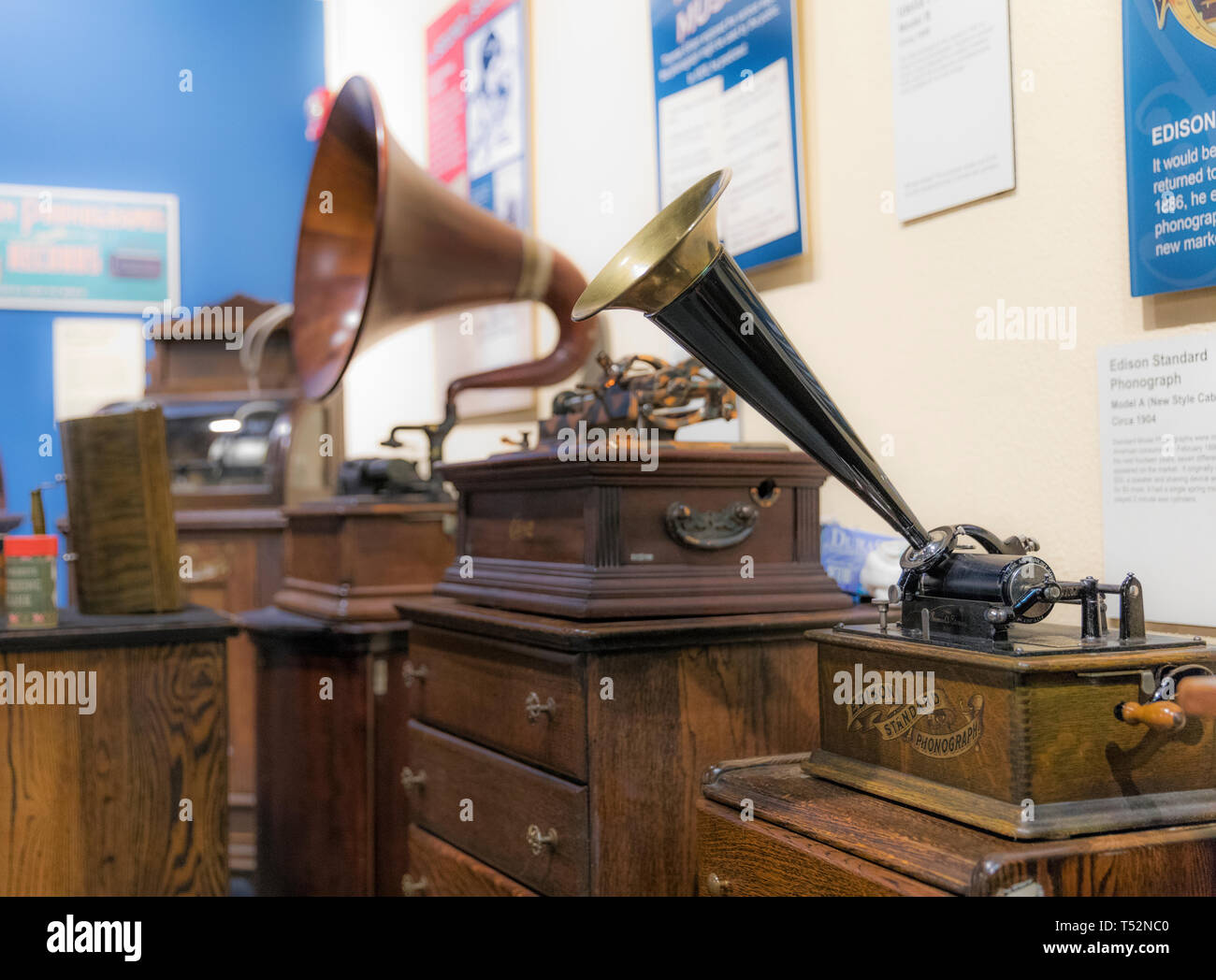 collection of Edison phonographs at the Edison and Ford Winter Estates Museum Stock Photo