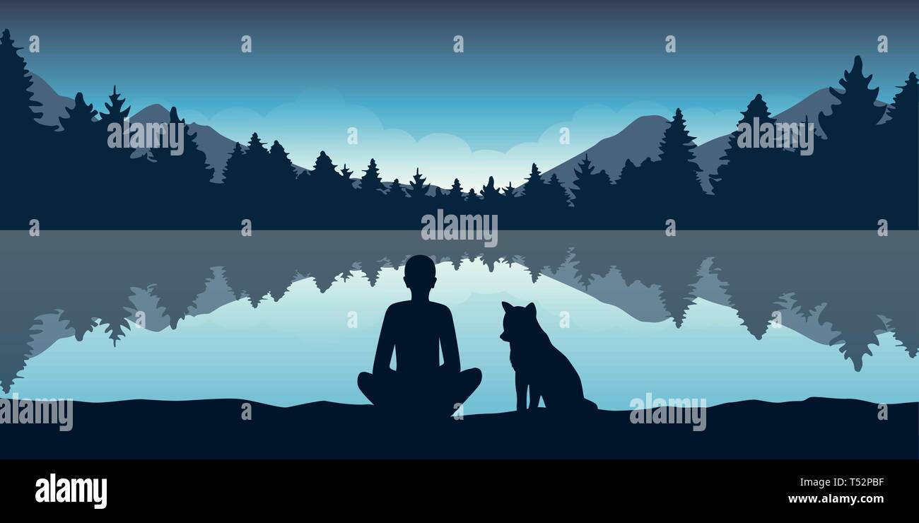 person and his dog enjoy forest nature at lake vector illustration EPS10 Stock Vector