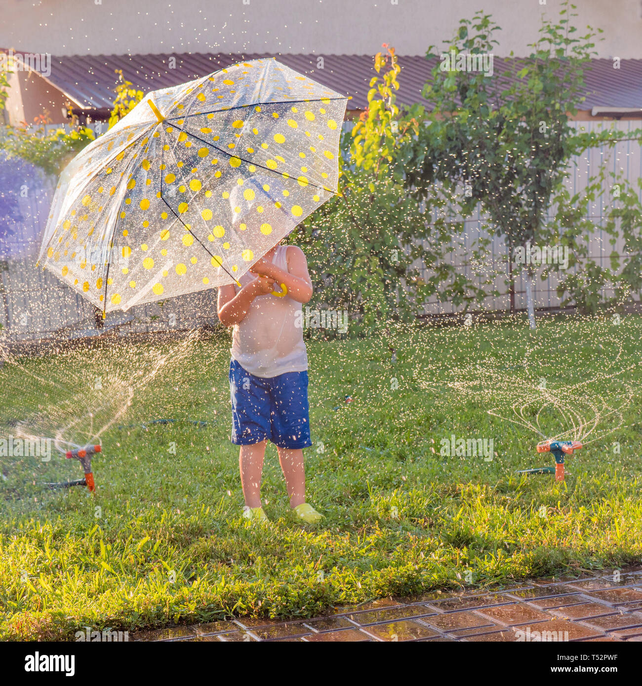 Summer outdoor activities. Children playing outdoor on front yard. Boy with umbrella having fun near automatic plant watering system. Happy childhood Stock Photo