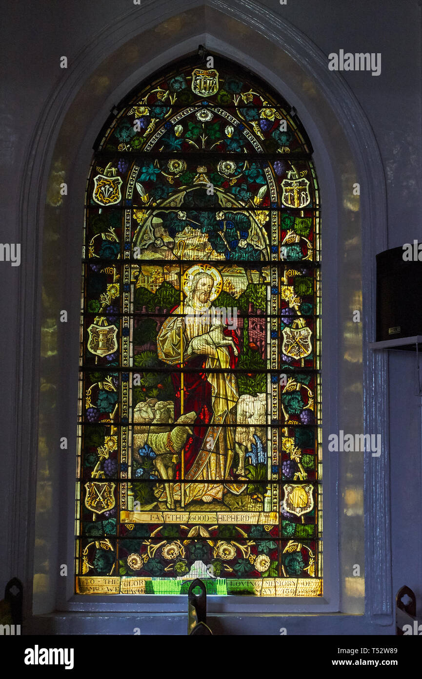 26-Oct-2009-Stained glass window of saint Stephen church ooty, Tamil nadu, india, asia Stock Photo