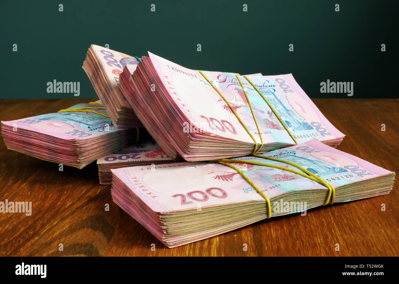 Ukrainian currency hryvnia UAH on the desk. Stock Photo