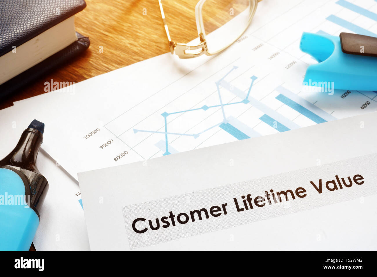 Customer lifetime value CLV or CLTV report papers. Stock Photo