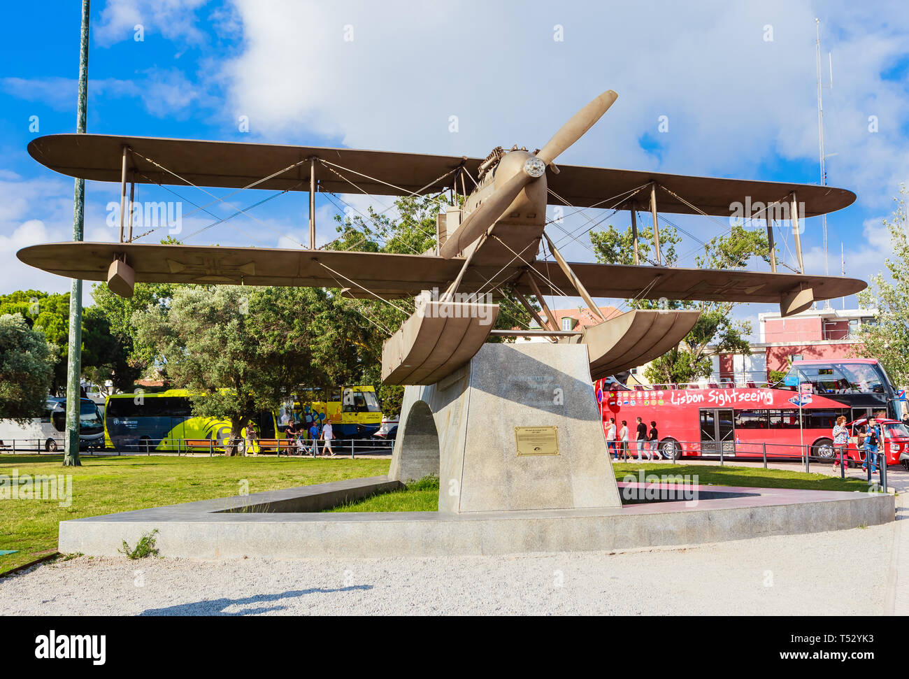 A monument of two fliers, Gago Coutinho and Sacadura Cabral who fllew in their bi plane from Lisbon to Rio de Janeiro in 1922. Belem, the embankment o Stock Photo