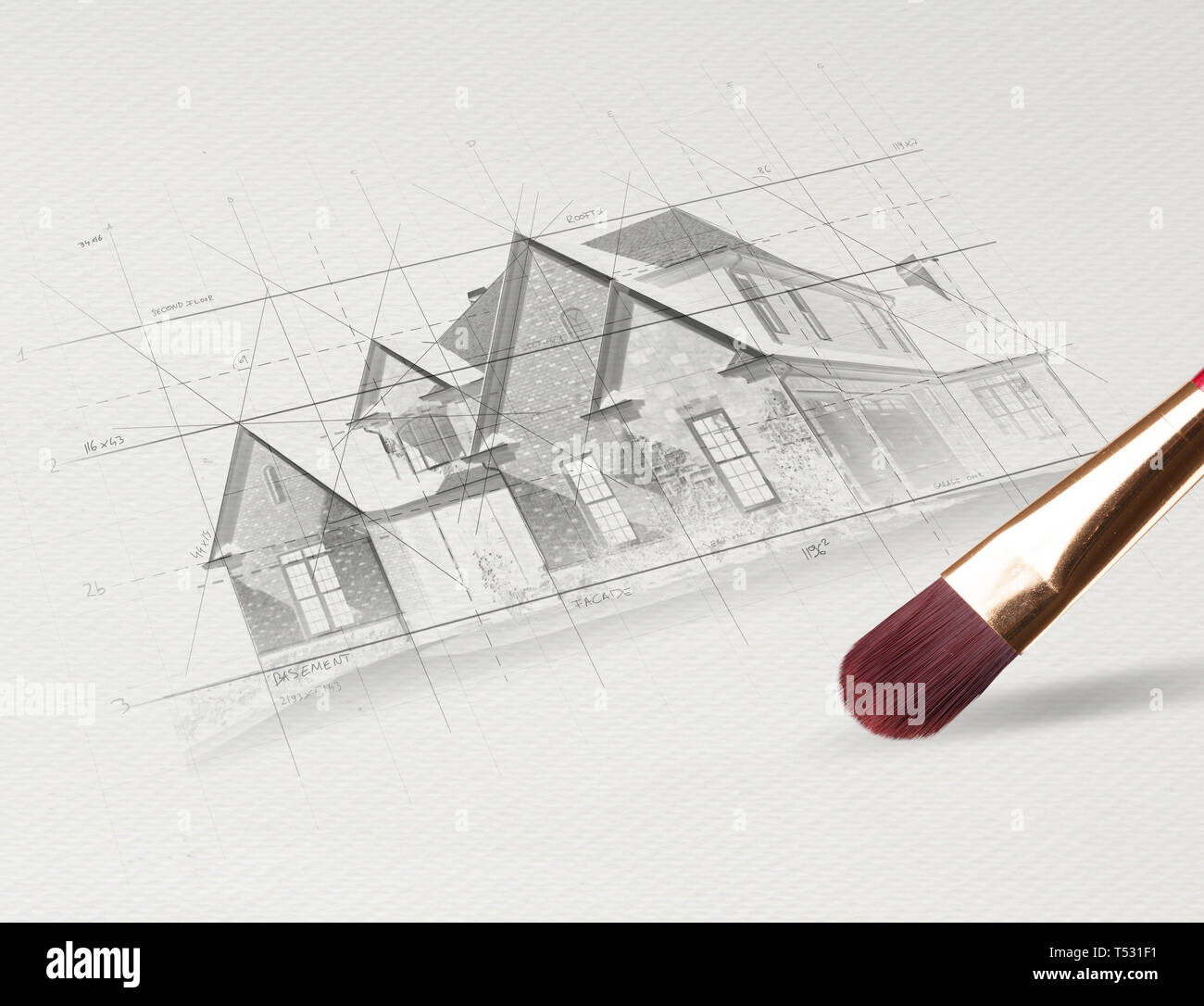 Drawing colored house plan concept Stock Photo - Alamy