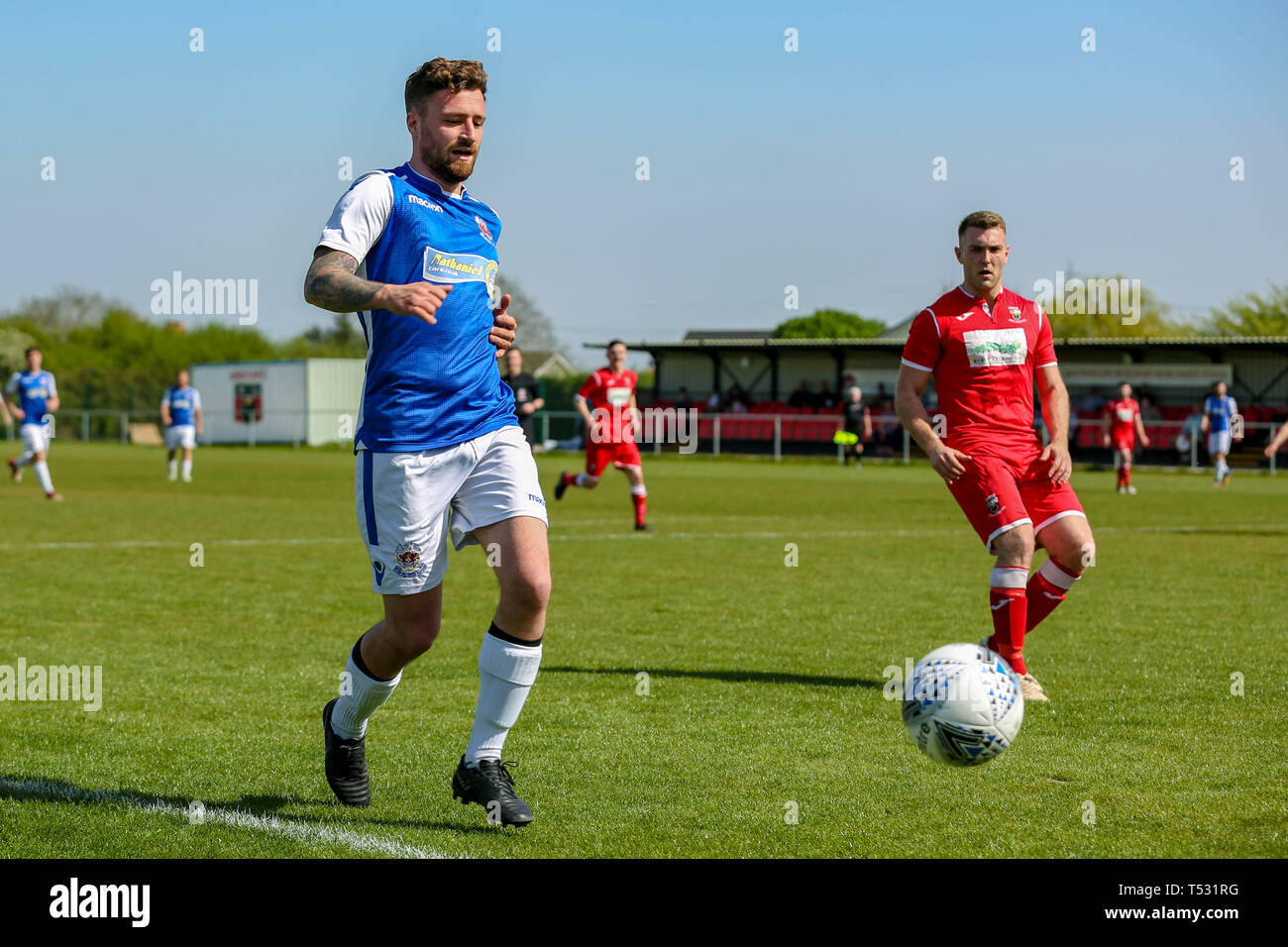 UNDY, UNITED KINGDOM. 20 April 2019. Penybont secured the Welsh Division One title after a 1-0 victory away at Undy Athletic. © Matthew Lofthouse - Fr Stock Photo