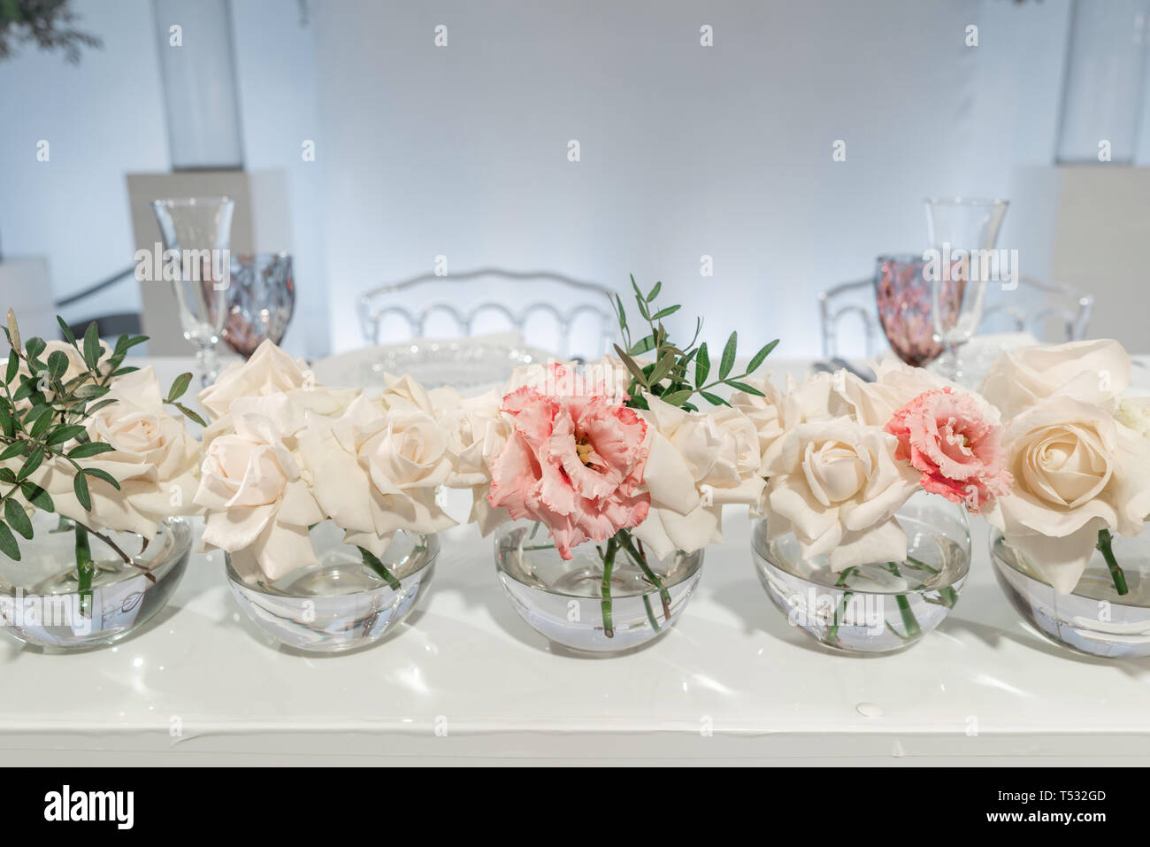 Small Flower Arrangements In Ball Glass Vases The Table Of The