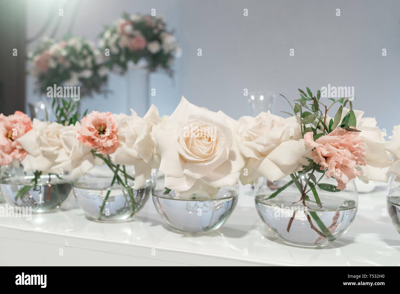 Small Flower Arrangements In Ball Glass Vases The Table Of The