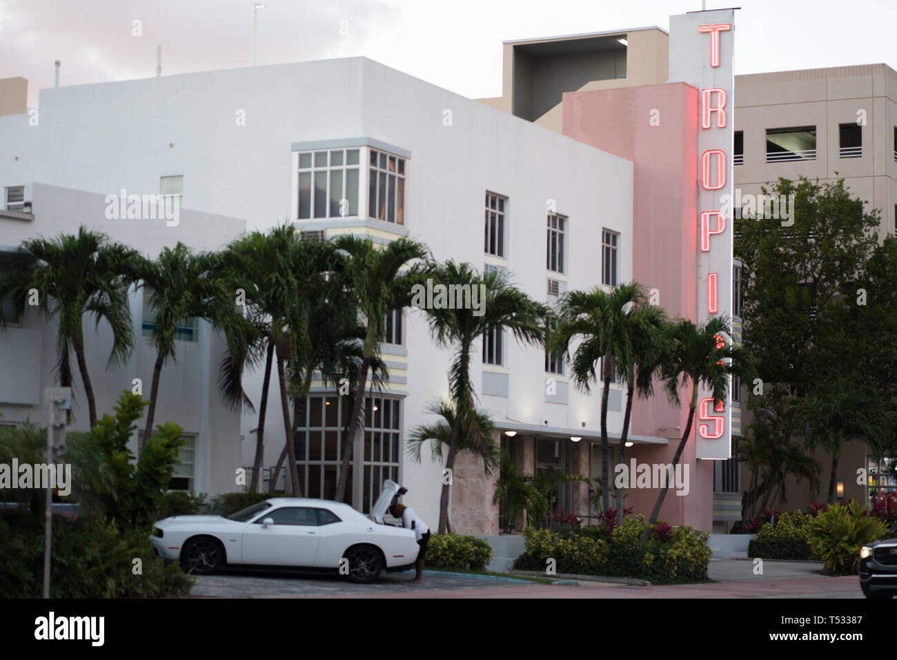 art deco buildings in miami south beach with neon lights Stock Photo