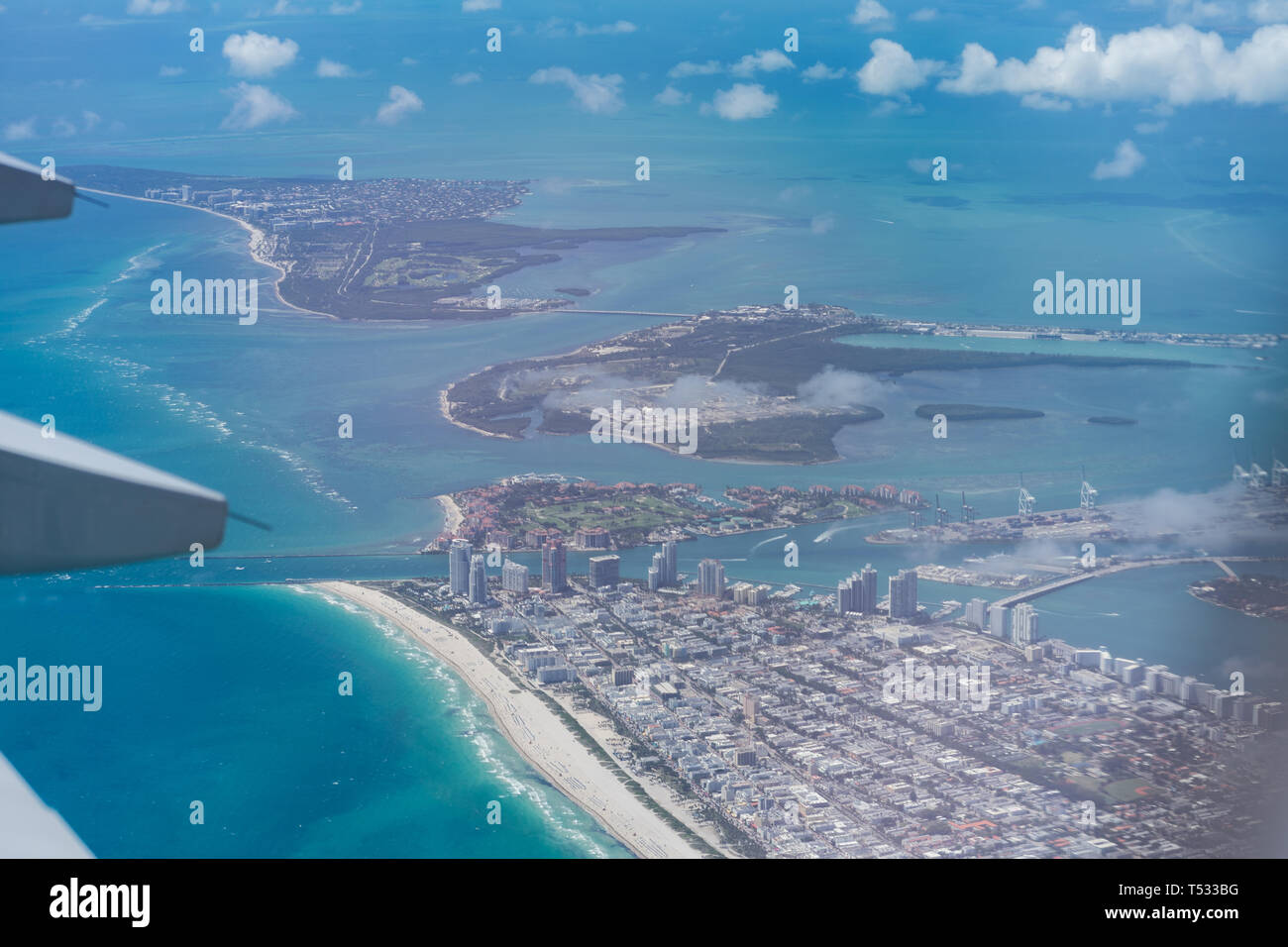 Aeriel Photograph of South Beach, Miami, taken from Virgin Atlantic Boeing 747 after take off Stock Photo