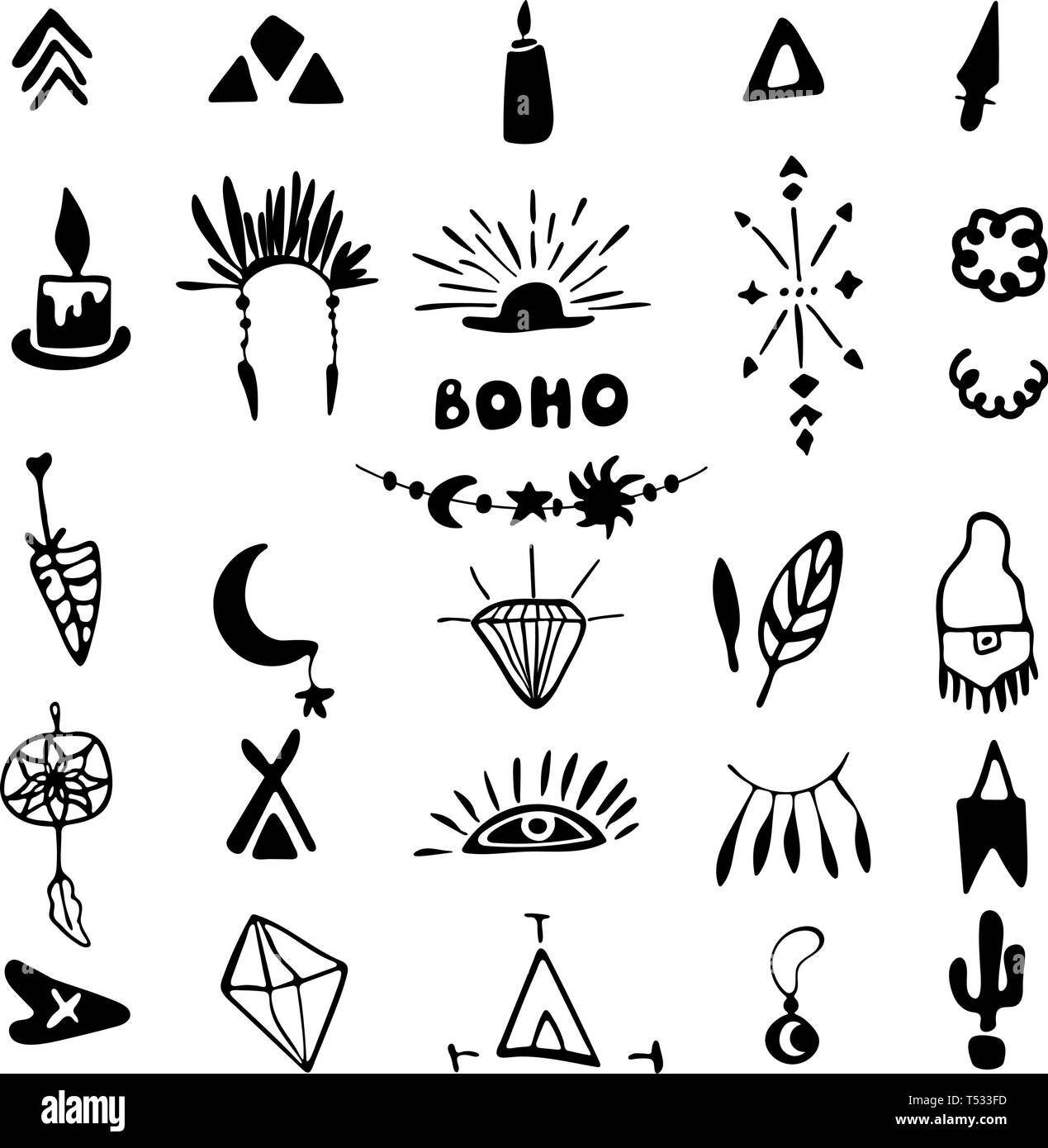 Vector boho decor set, collection of hand-drawn doodle boho style design elements, dream catchers. Isolated. Used for wedding invitations, birthday Stock Vector