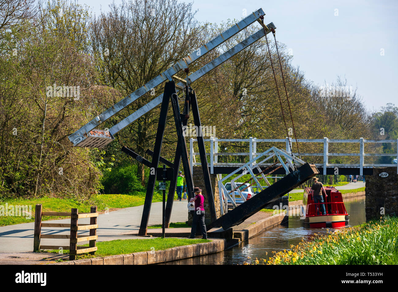 Woman lowering a canal bascule bridge after a narrow boat has passed on the Shropshire Union Canal Llangollen branch near Pontcysyllte, Wales, UK. Stock Photo