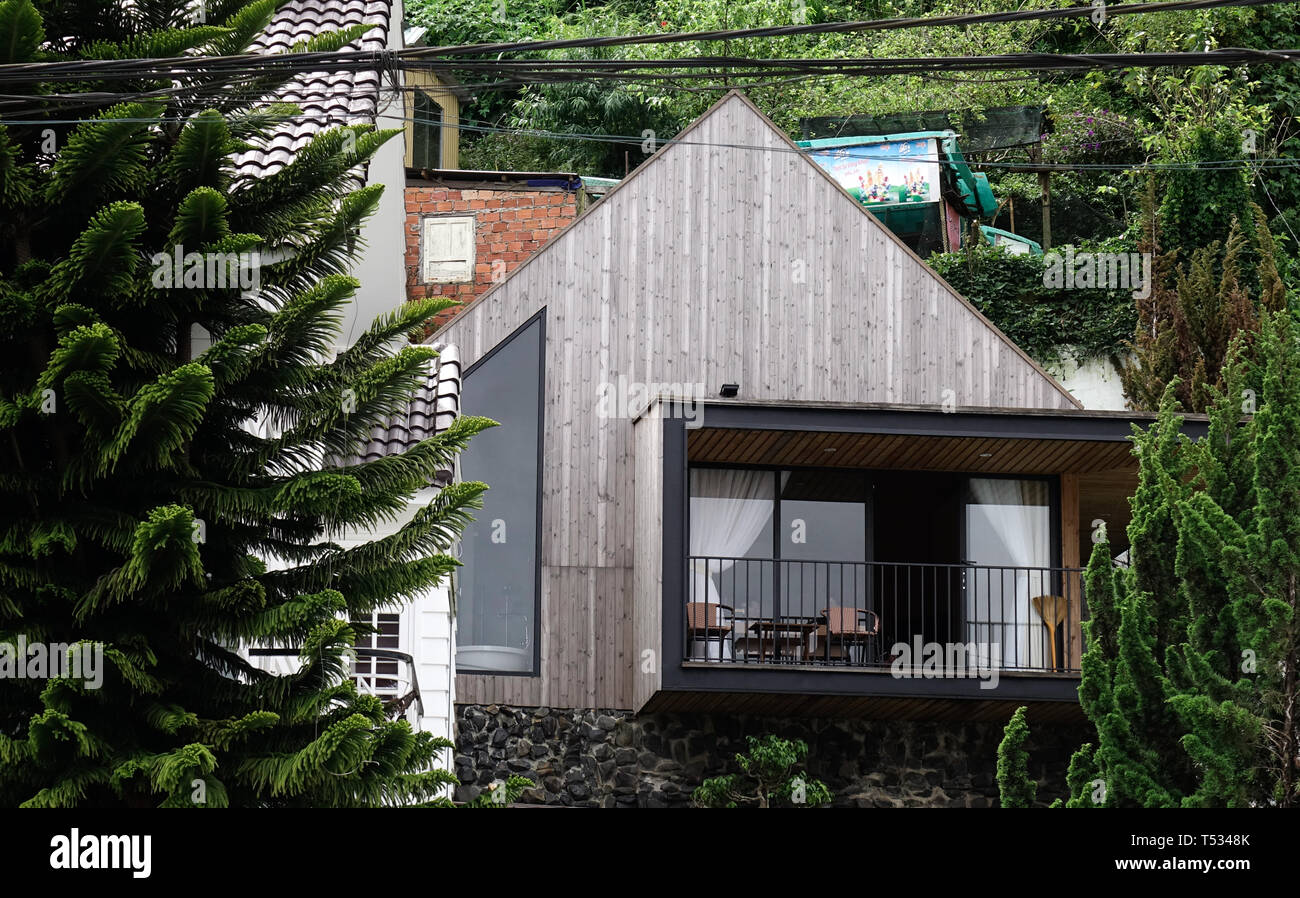 Dalat, Vietnam Sep 14, 2018. Beautiful modern wooden house in Dalat