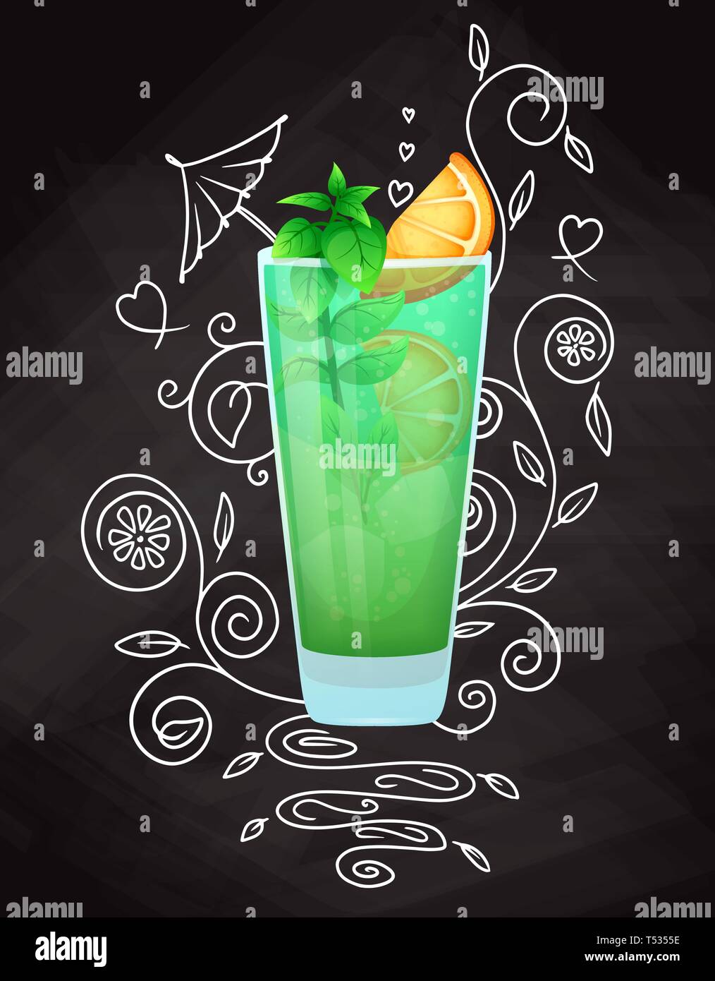 Realistic cocktail on chalk background with doodle, pattern. Vector illustration Stock Vector