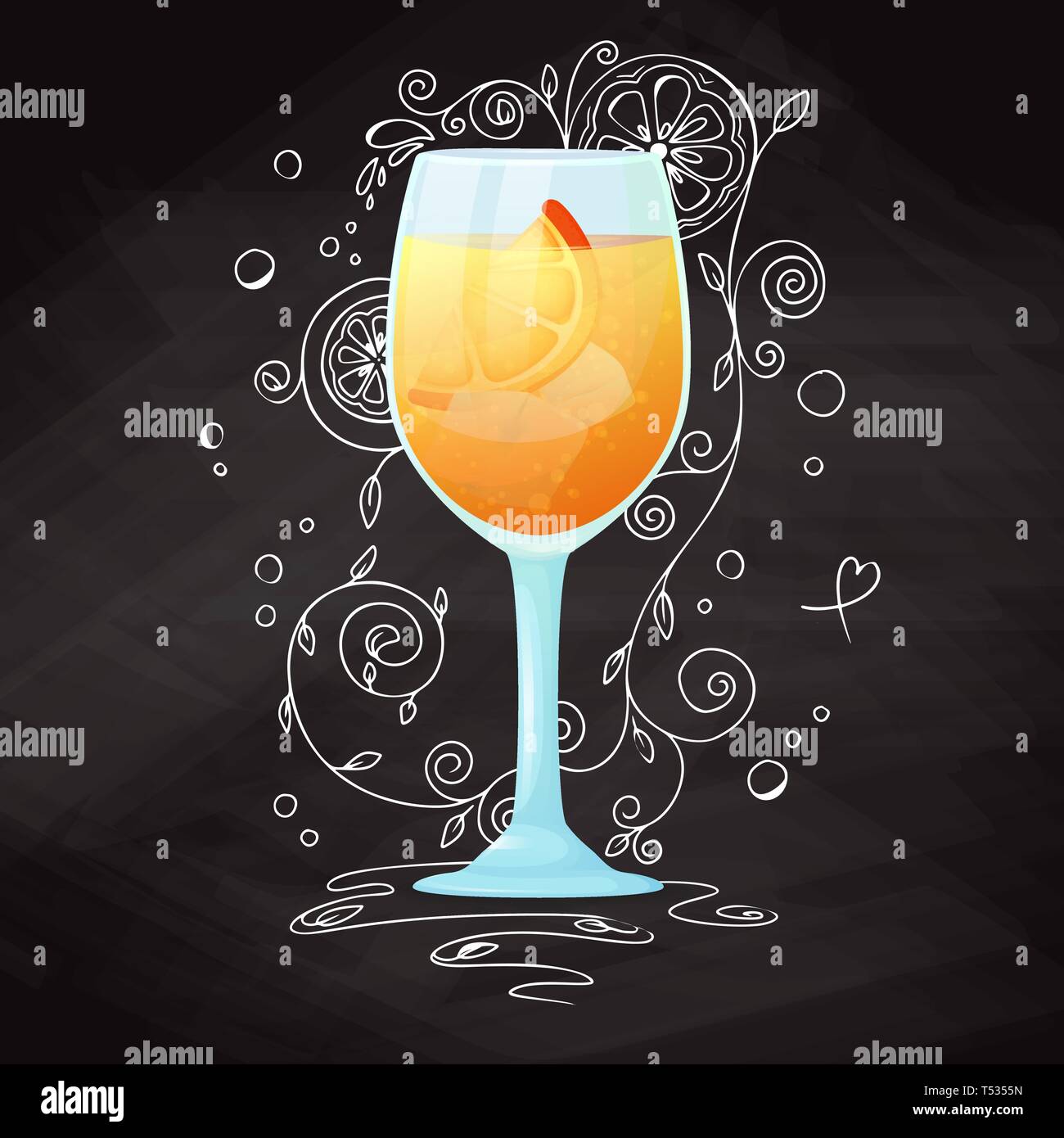 Realistic cocktail on chalk background with doodle, pattern. Vector illustration Stock Vector