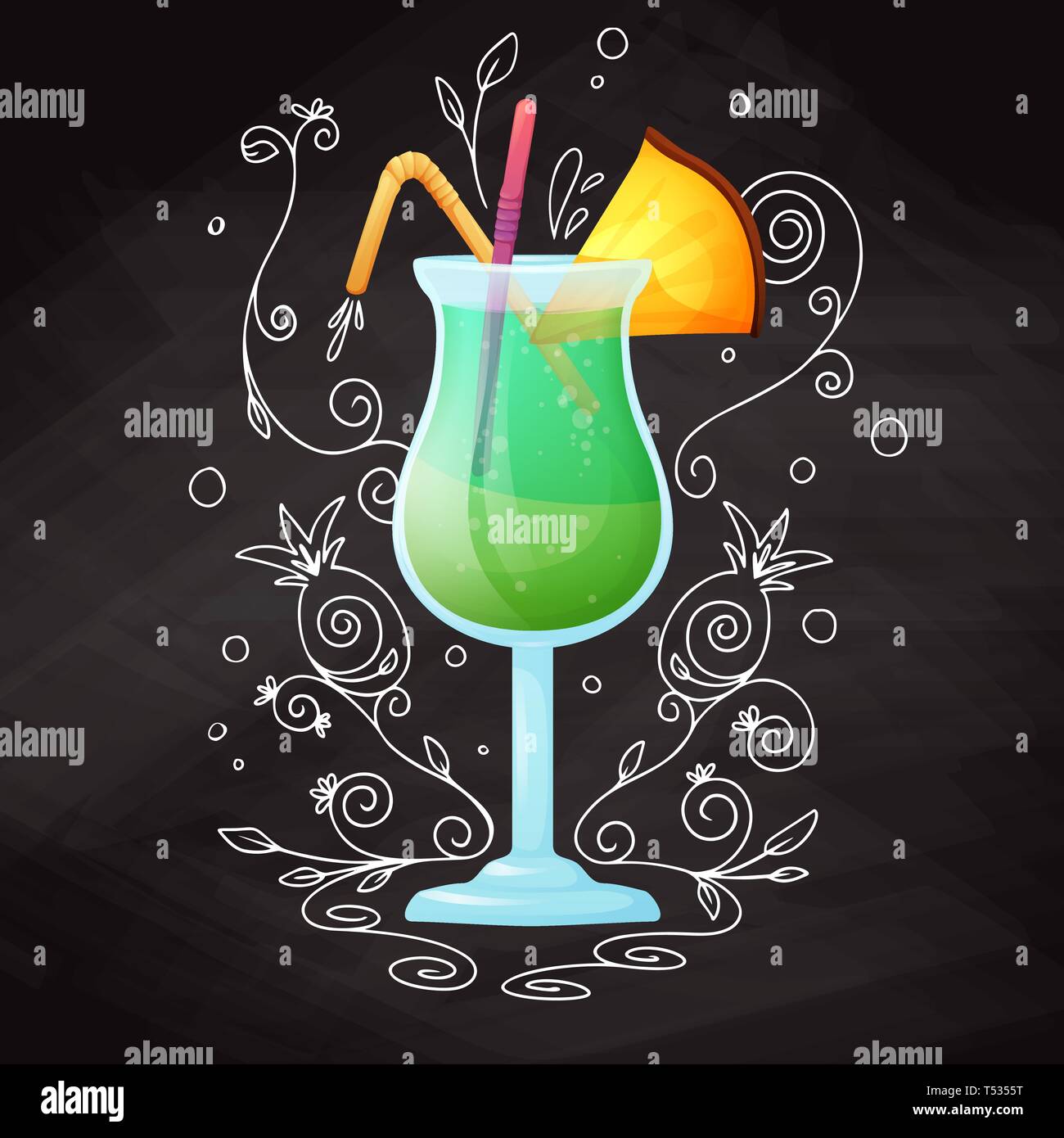 Realistic cocktail on chalk background with doodle, pattern. Vector illustration Stock Vector