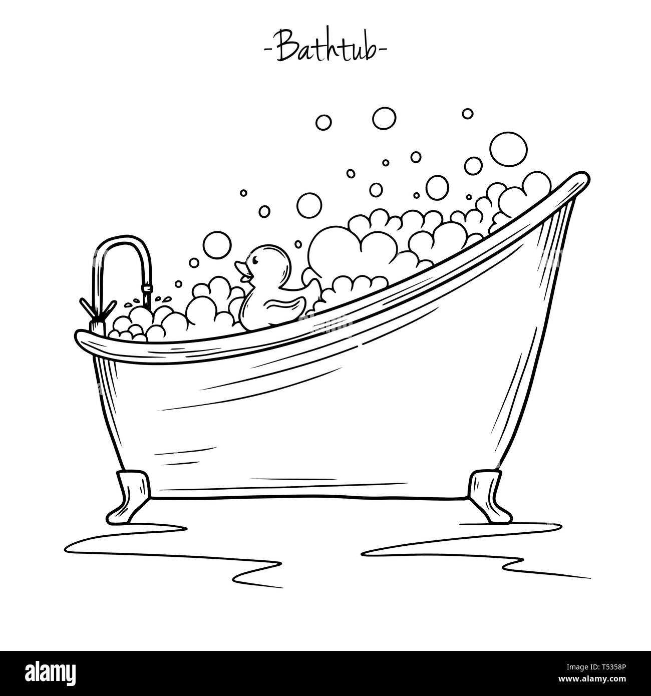 Sketch bath foam and rubber duck. Vector illustration in sketch style. Stock Vector