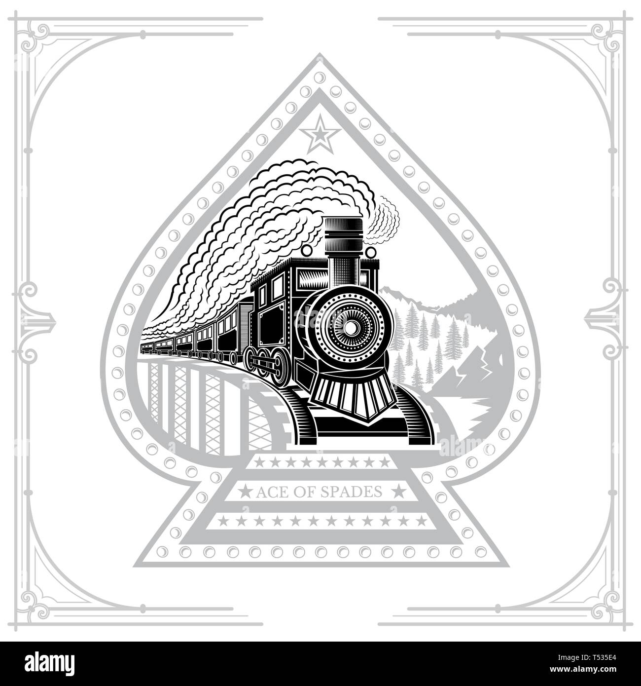 Ace of spades with black silhouette of face old locomotive with smoke on bridge and wild landscape. Engraving illustration on white Stock Vector