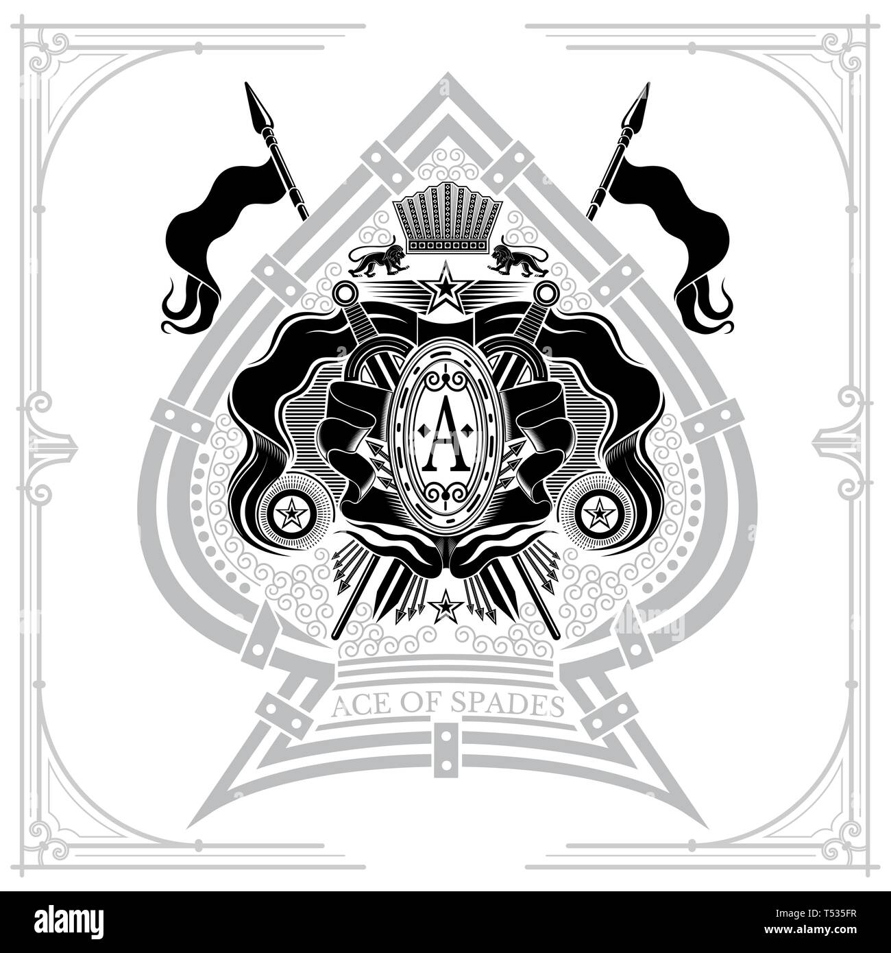 Coat of arms with crossed swords and spears in the center of ace of spades. Brand or T-shirt style on white Stock Vector