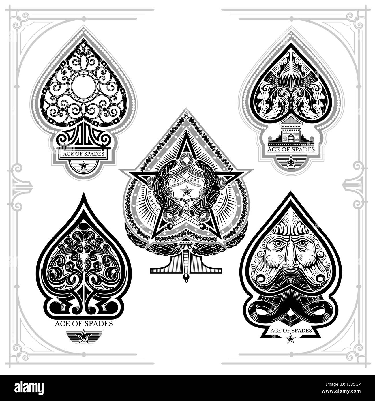 Set of ace of spades with forging curl pattern, facewith beard, star