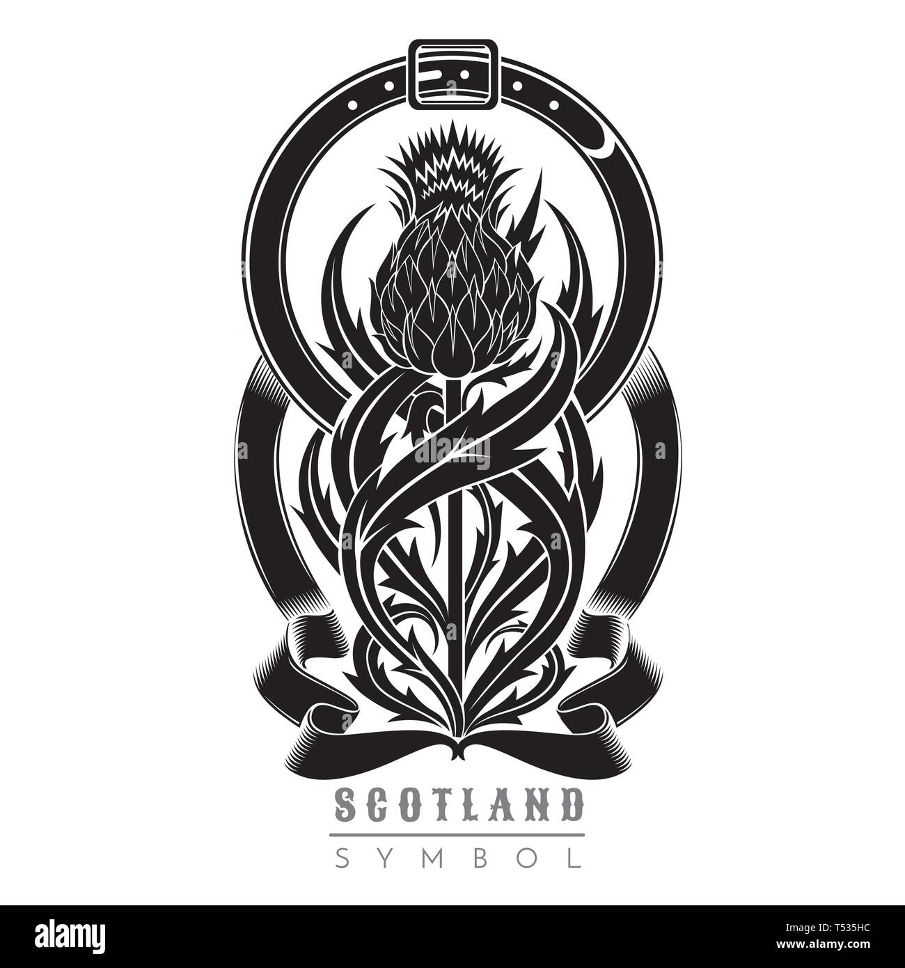 Silhouette Of Thistle With Leaf Pattern And Belt Frame Symbol Of Scotland Design Element Black On White Stock Vector Image Art Alamy