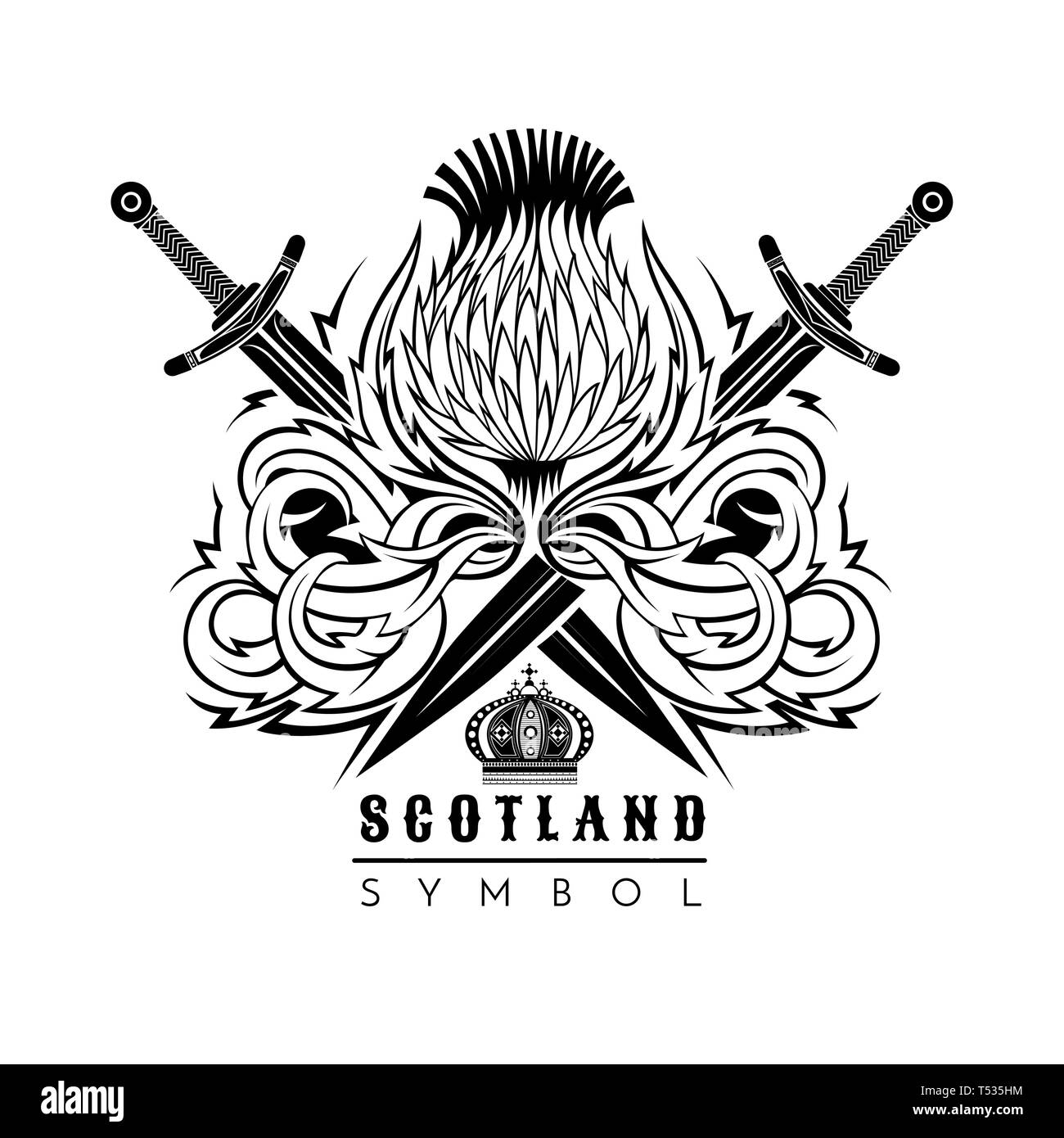 Thistle With Leaf Pattern And Crossed Swords Symbol Of Scotland Design Element Black On White Stock Vector Image Art Alamy
