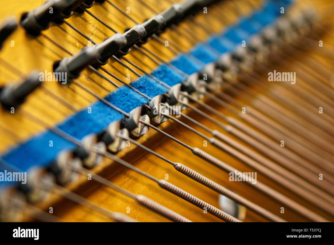 Pegs, damper and bass strings inside the old piano. The mechanism of