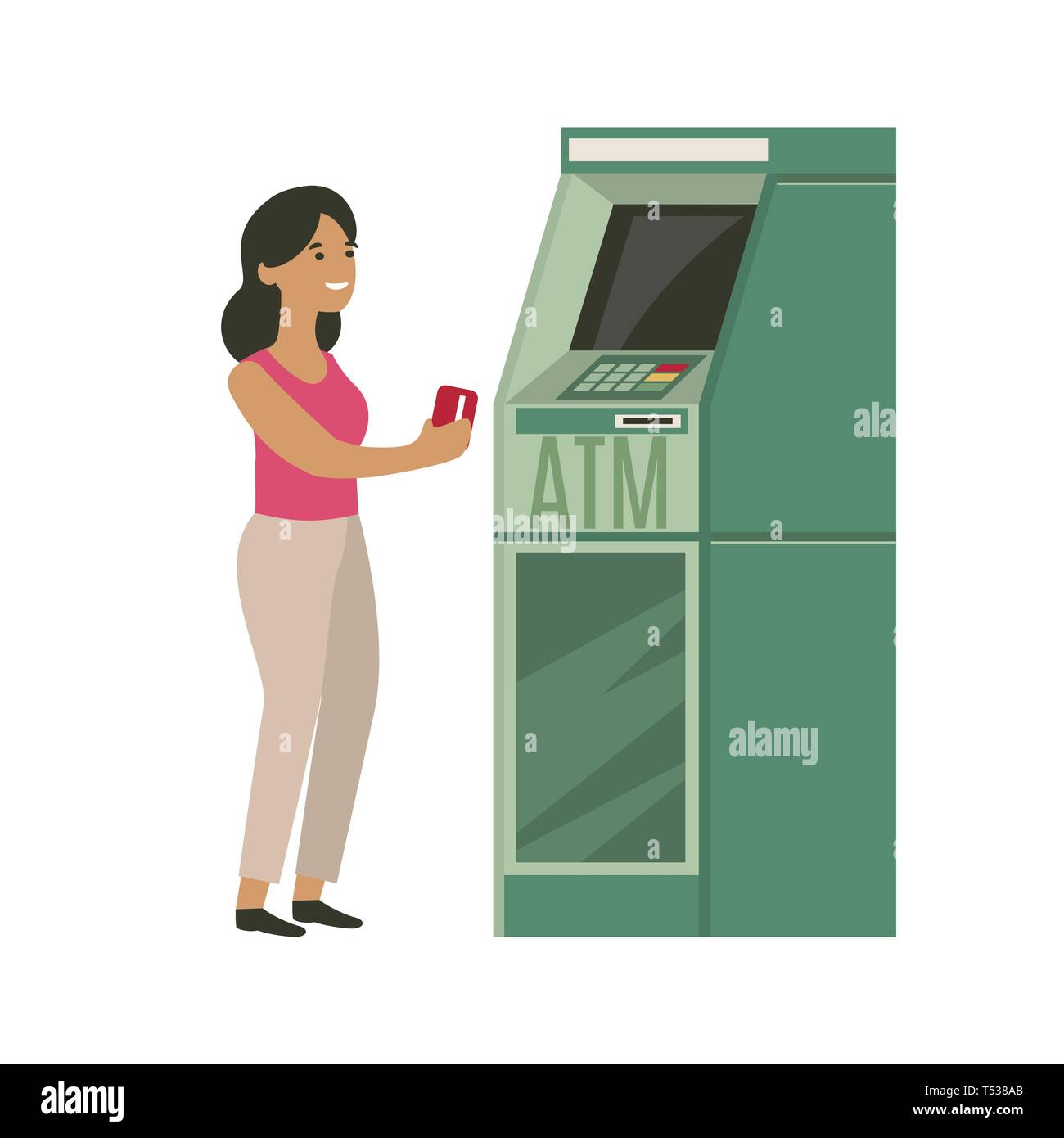 Woman withdrawing money from credit card at ATM. Stock Vector