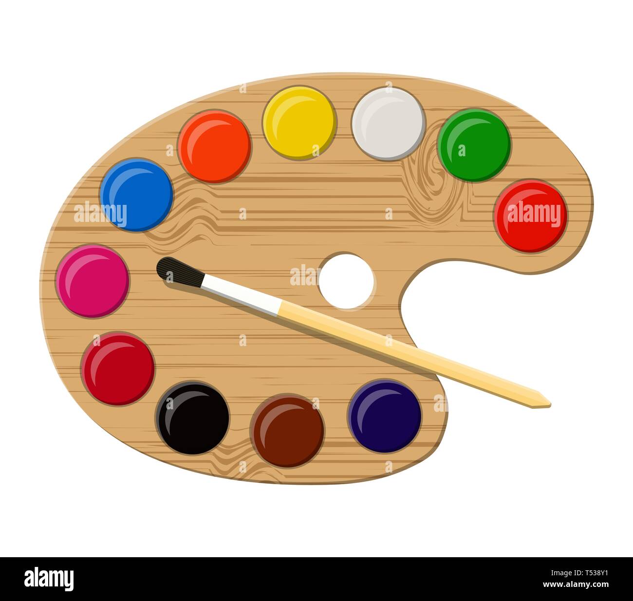 Wooden Painters Palette with Colourful Paint and Brush