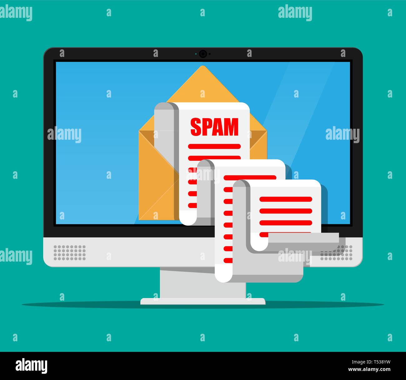 Yellow paper enevelope and spam mail on computer screen. Long emails. Email  box hacking, spam warning, virus and malware, network security. Vector Ill  Stock Vector Image & Art - Alamy