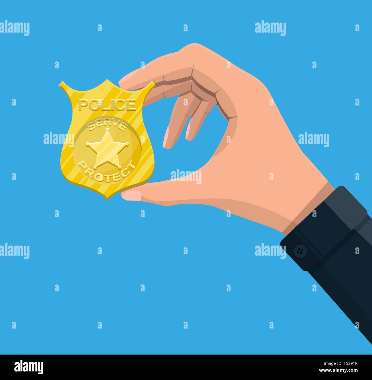Police officer badge in hand. Gold shiny emblem. Vector illustration in flat style Stock Vector