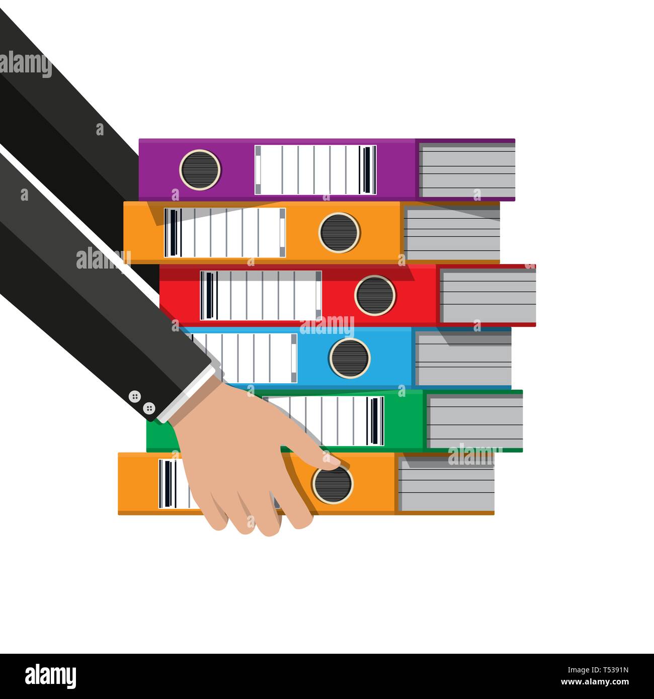 Files in hand, ring binders, colorful office folders. Side view. Bureaucracy, paperwork and office. Vector illustration in flat style Stock Vector