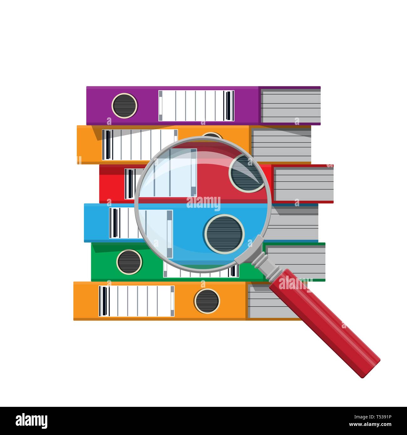 Files, ring binders and and magnifying glass, colorful office folders. Side view. Bureaucracy, paperwork and office. Vector illustration in flat style Stock Vector