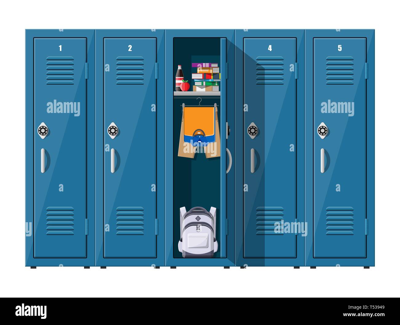 Blue metal Lockers in school with silver handles and locks