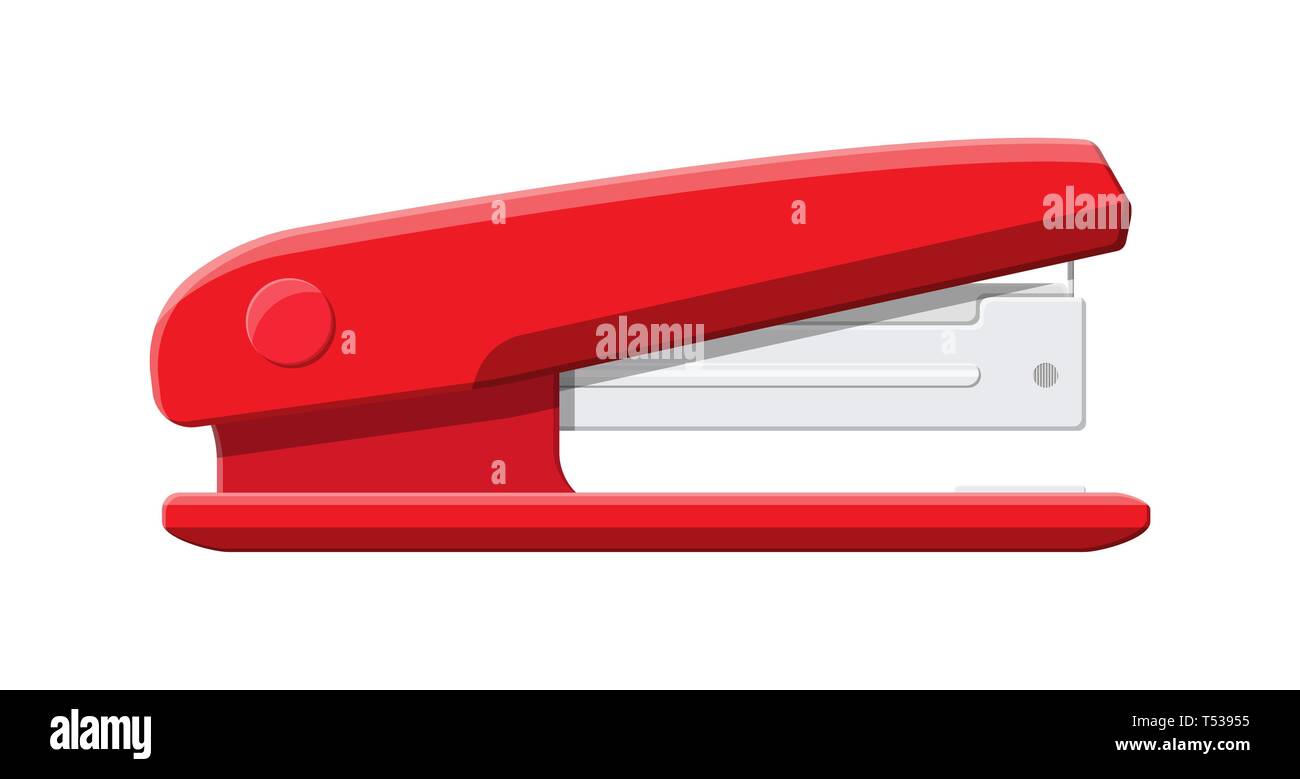 Red plastic stapler. Device for fastening sheets. Office and school ...
