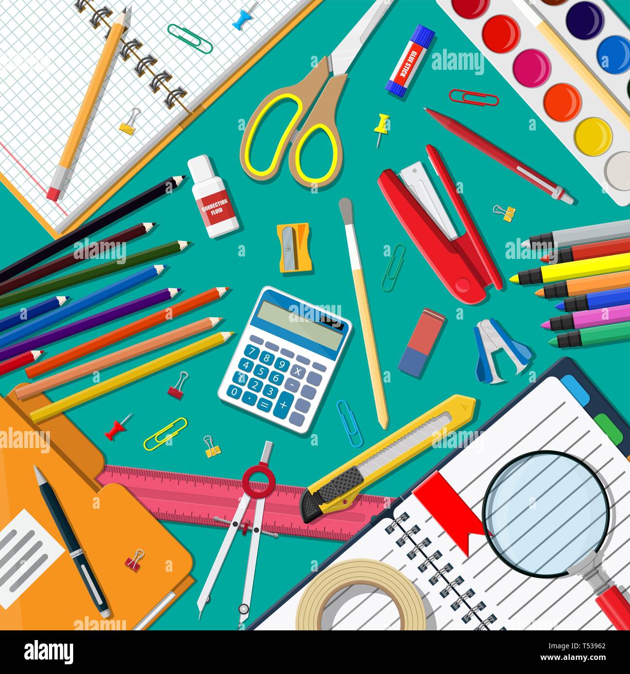 Stationery set icons. Book, notebook, ruler, knife, folder, pencil, pen ...