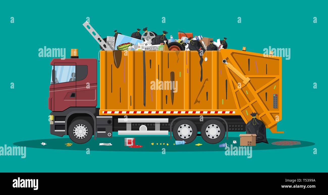 Truck assembling transportation garbage. Overflowing garbage food