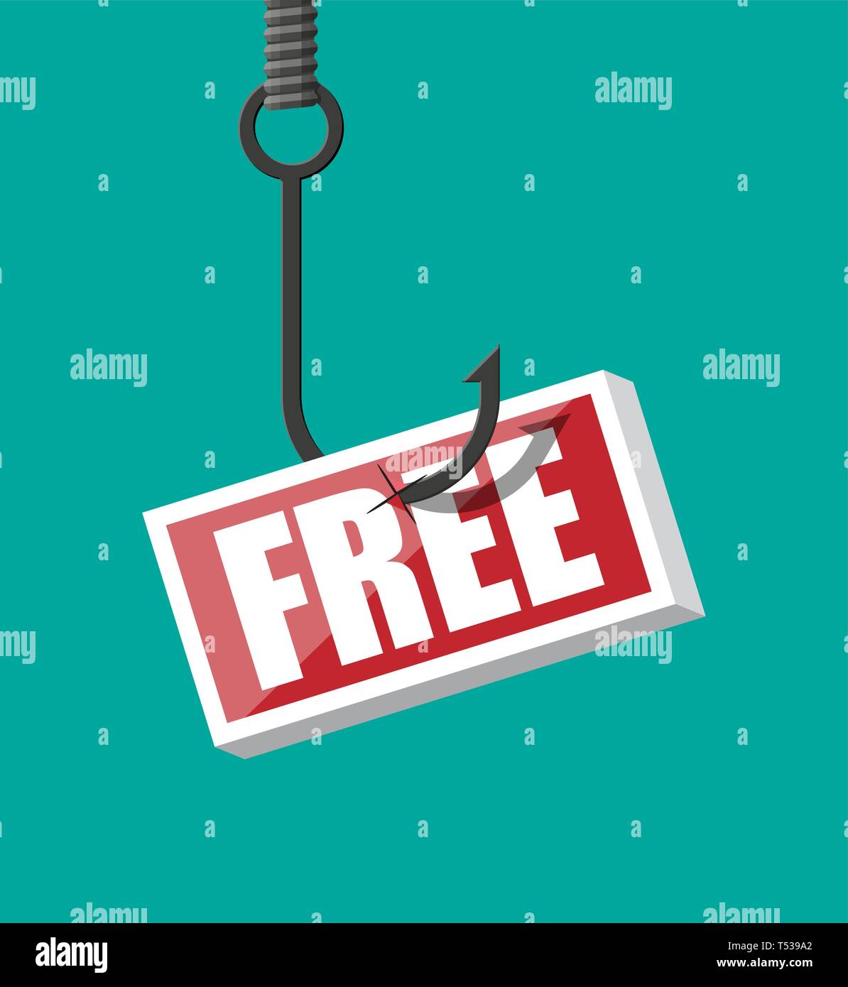 Fishing hook with sign with text free. Trap with label on hook. Fraud, freebie, crime and lie. Vector illustration in flat style Stock Vector