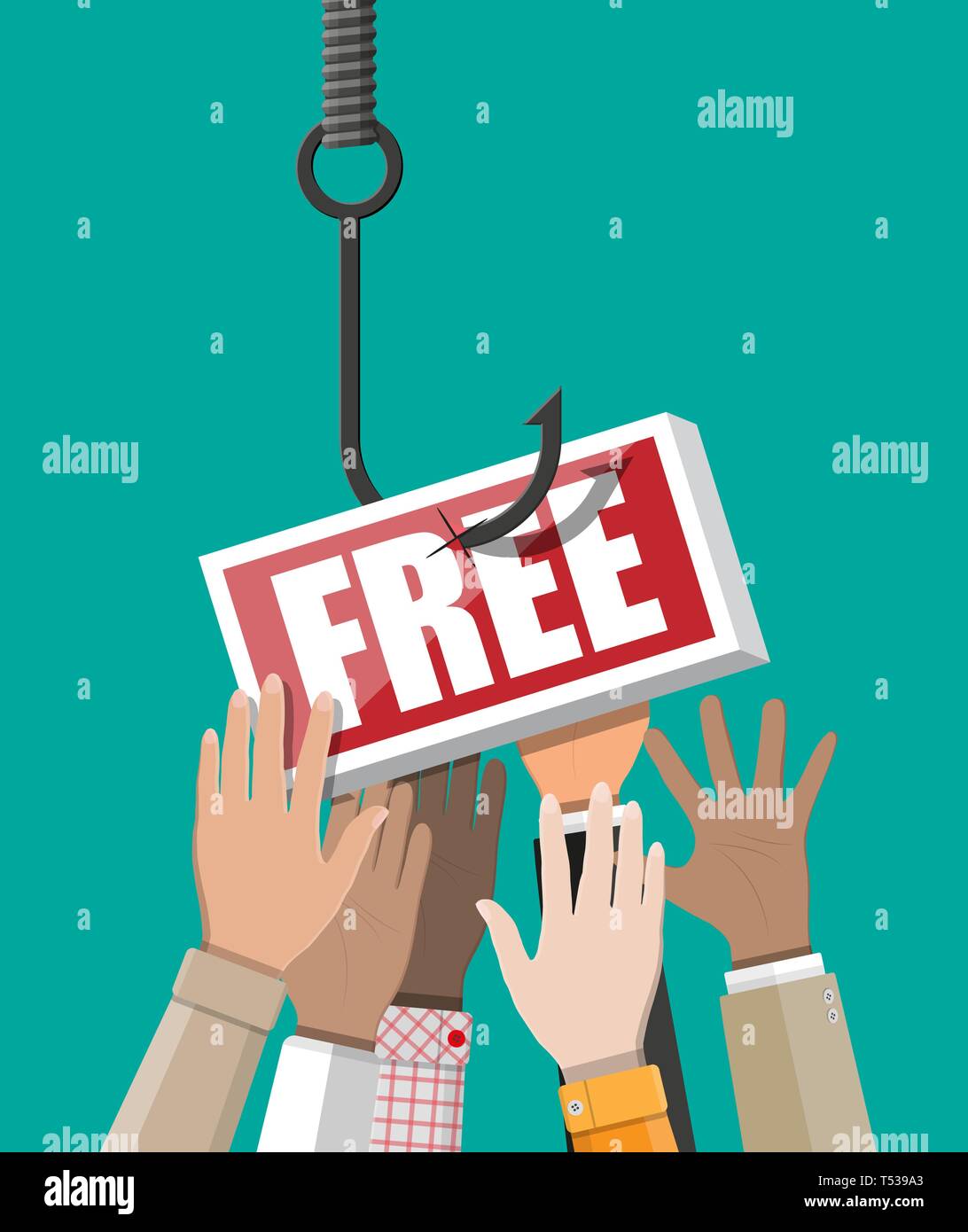 Fishing hook with sign with text free and hands of victims. Trap with label on hook. Fraud, freebie, crime and lie. Vector illustration in flat style Stock Vector