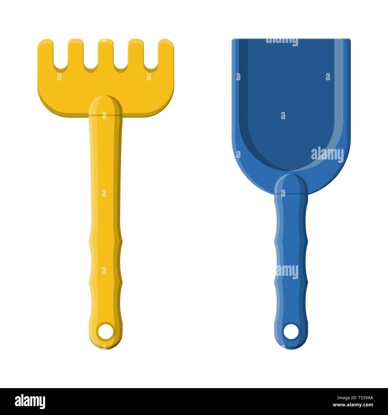 Plastic rake and shovel isolated on white. Rake and scoop toys for