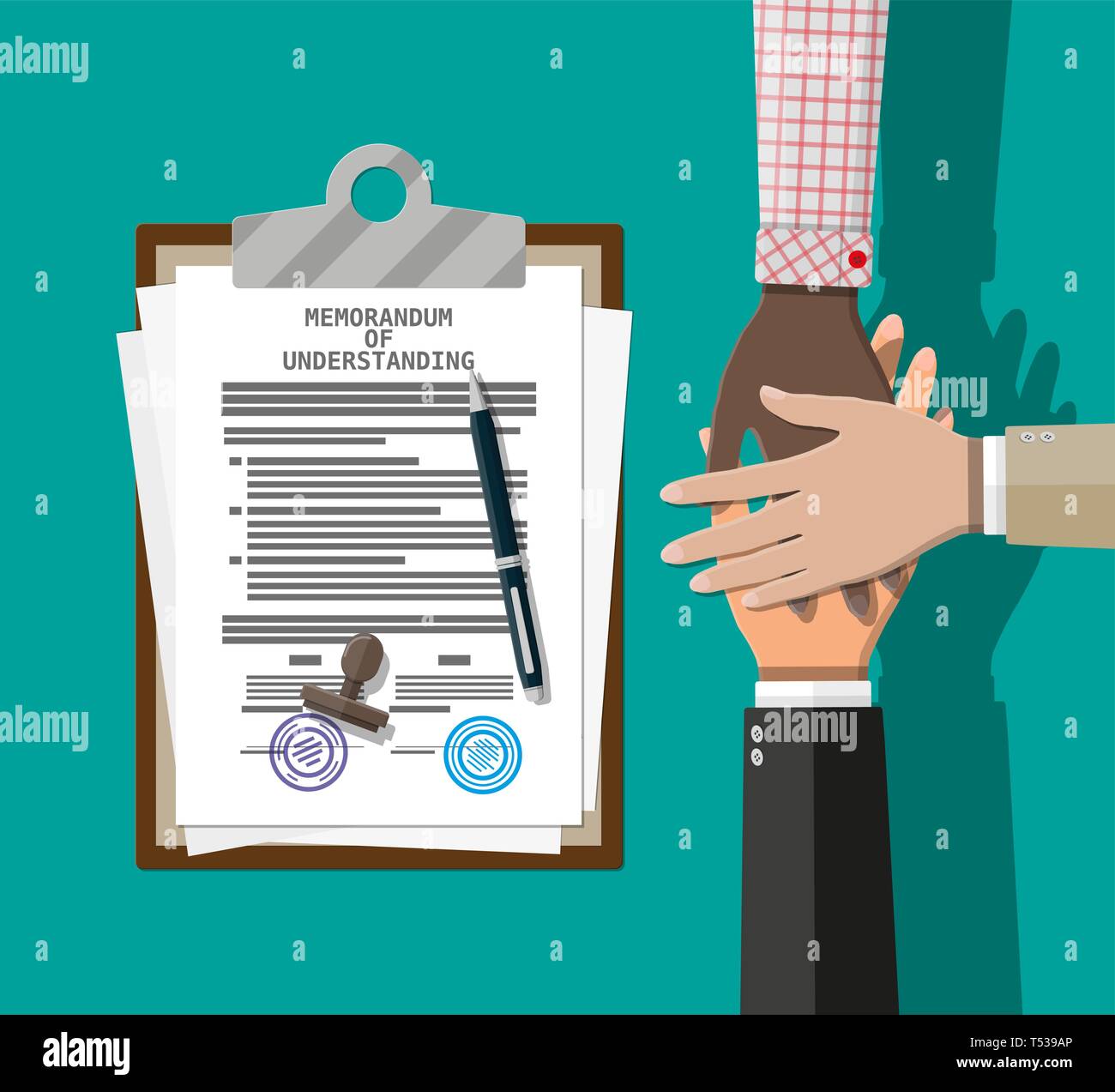 People showing unity with their hands together. Crossed hands and memorandum of understanding mou agreement paper. Business team work cooperation and  Stock Vector