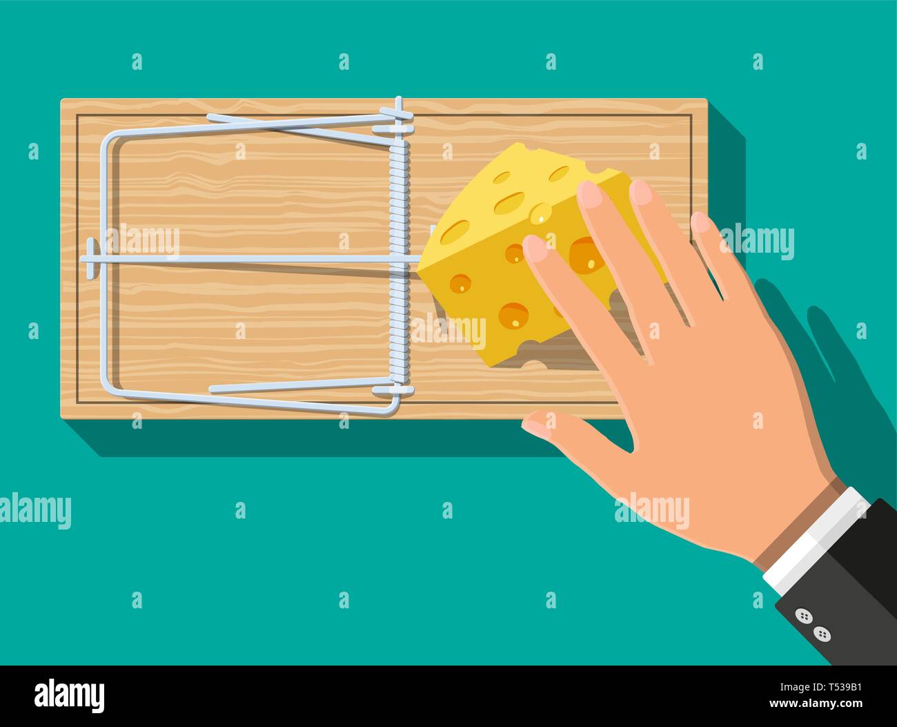 Wooden mouse trap with cheese and hand, classical spring loaded bar