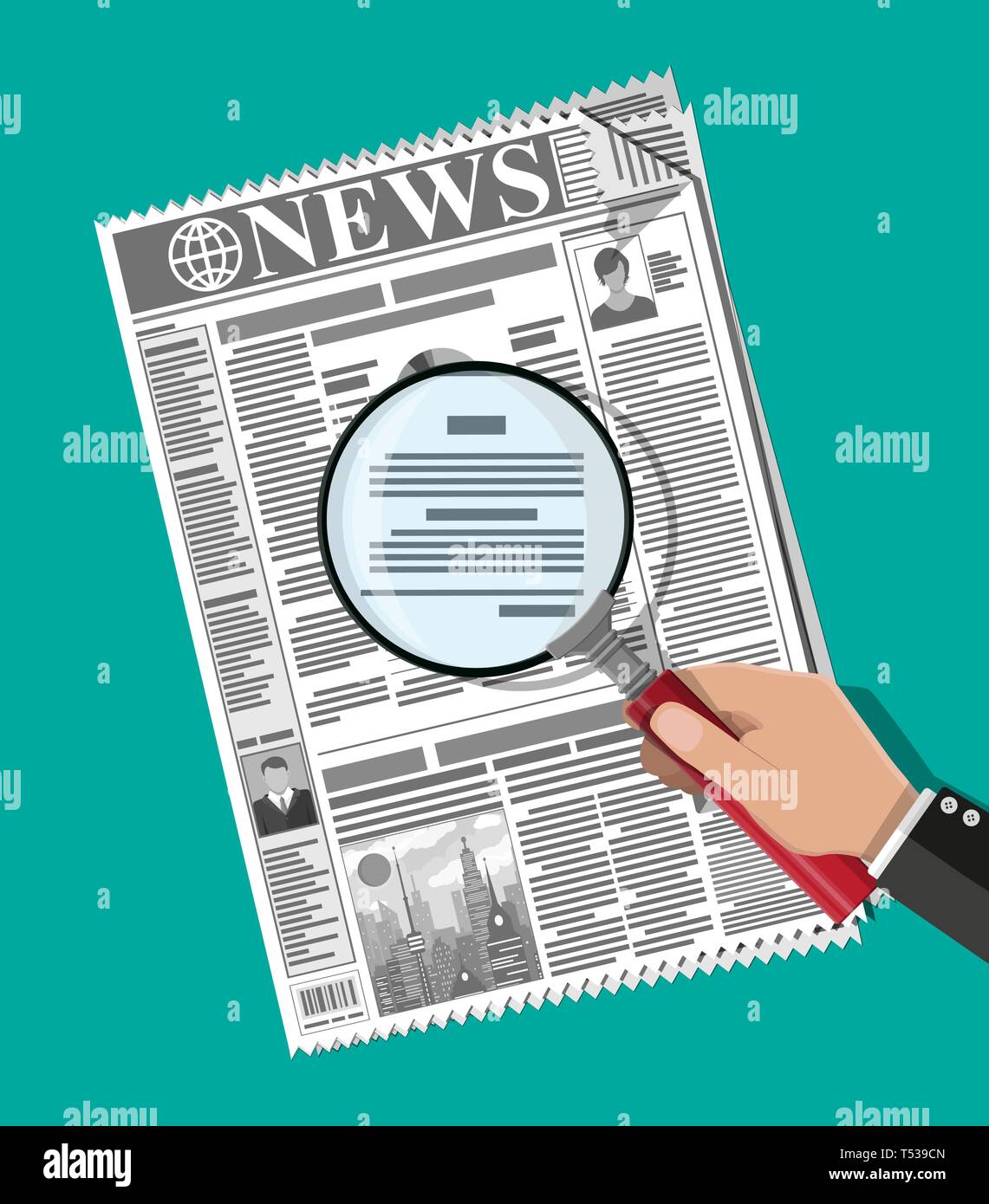 Businessman hand holding magnifying glass over newspaper with 