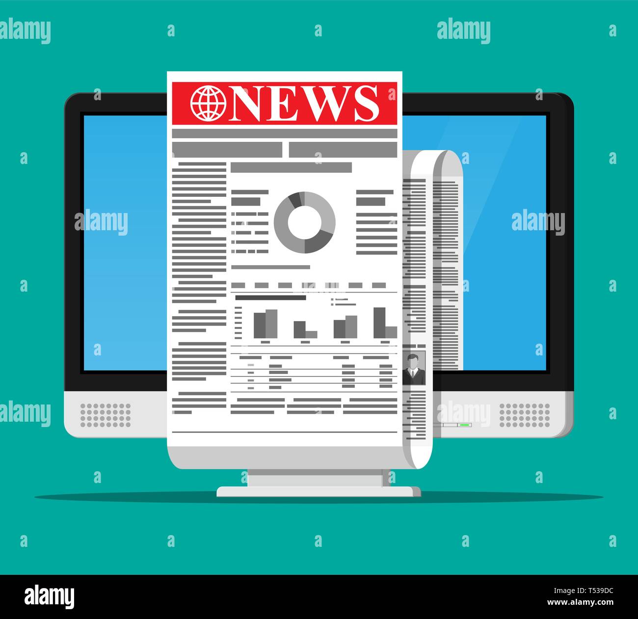 Business news on screen of computer monitor. Rolled daily newspaper in ...