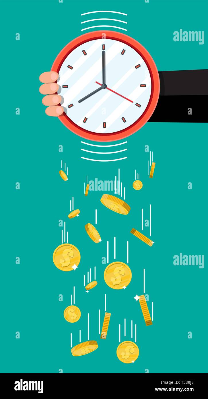 Golden coins falling from clocks. Overspending, losing, bankruptcy, devalue, deficit, losing money. Time is money concept. Vector illustration in flat Stock Vector