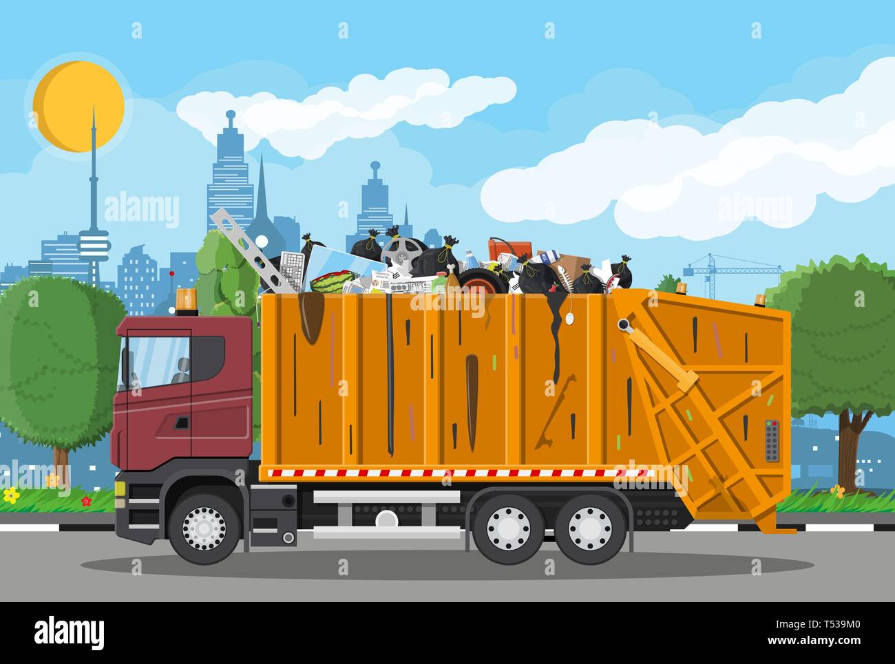 Truck transportation garbage. Car waste disposal. Can container for
