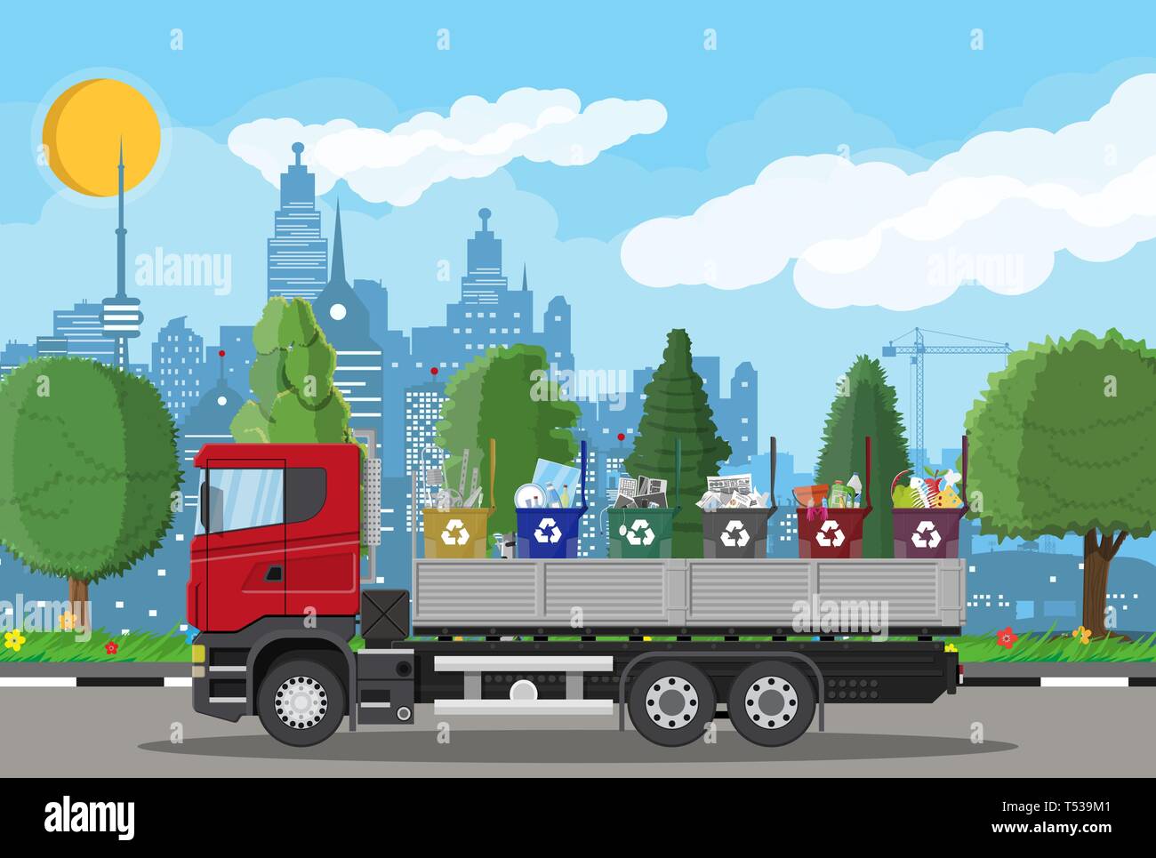 Truck transportation garbage. Car waste disposal. Can container for